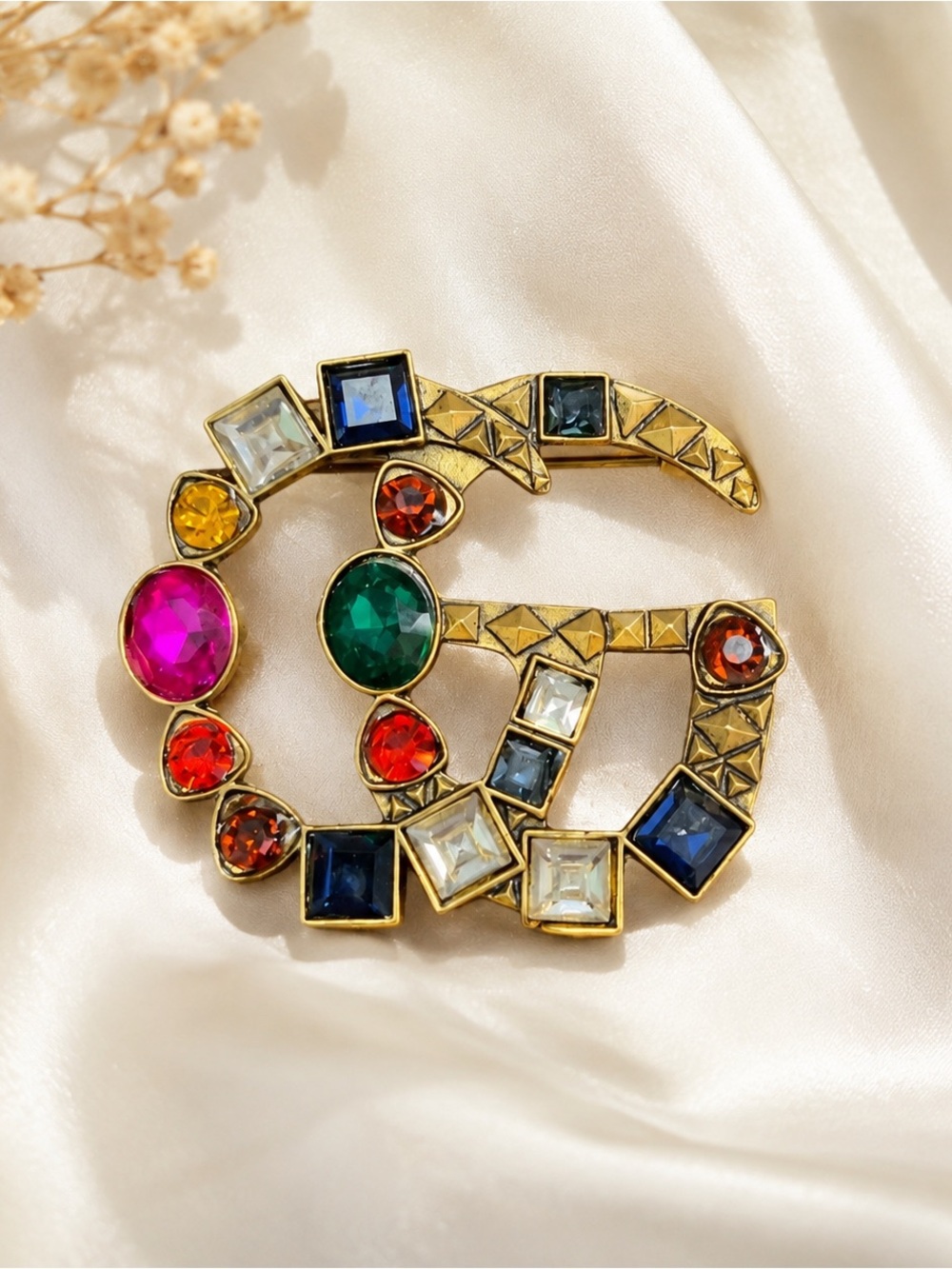Multicolor Crystal Double-G Brooch Pin - Gold Tone
